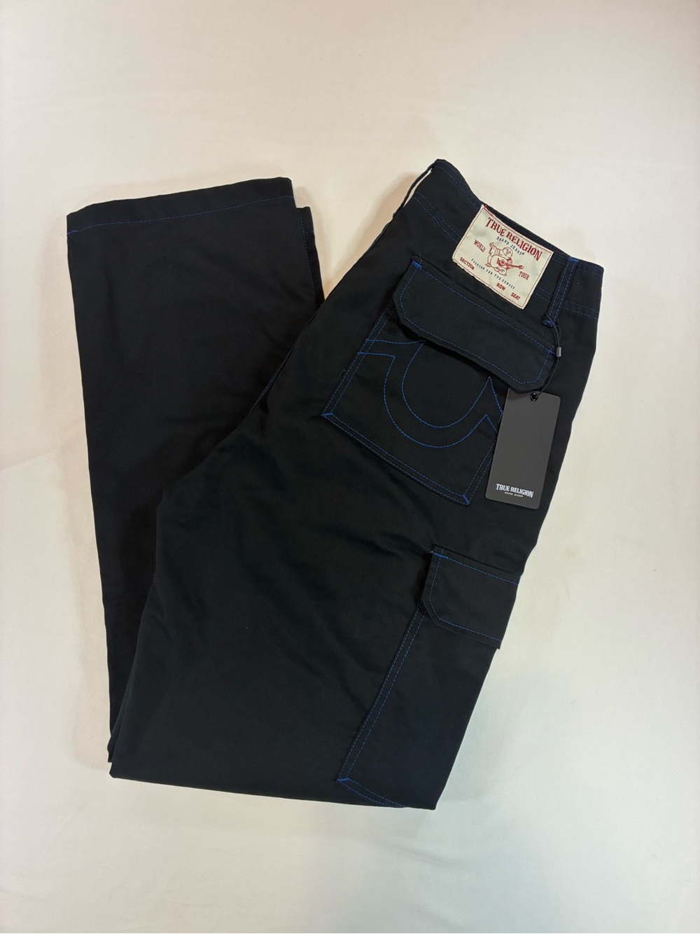 True Religion Black Cargo Pants with Blue Contrast Stitching
